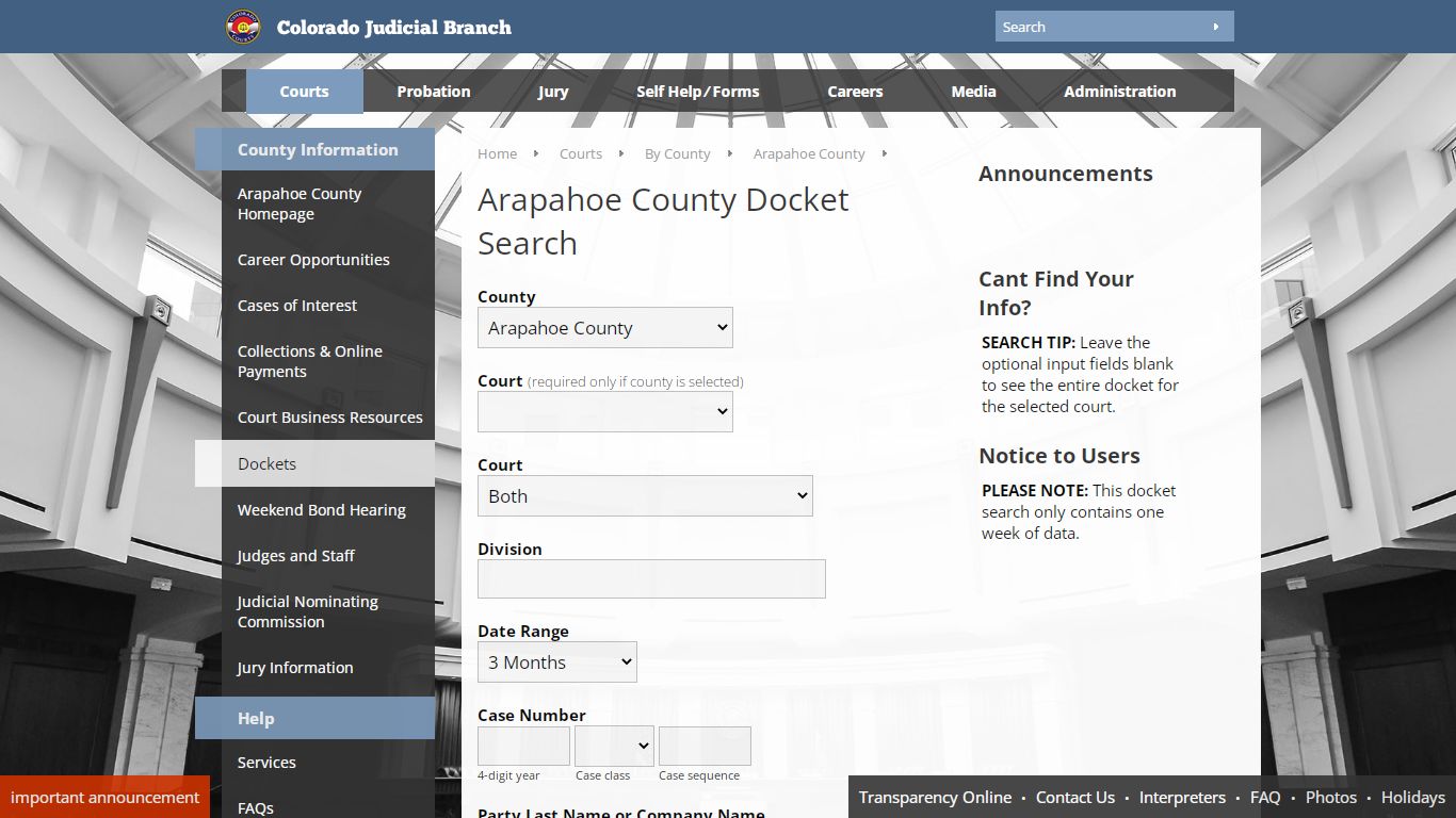 Colorado Judicial Branch - Arapahoe County - Dockets